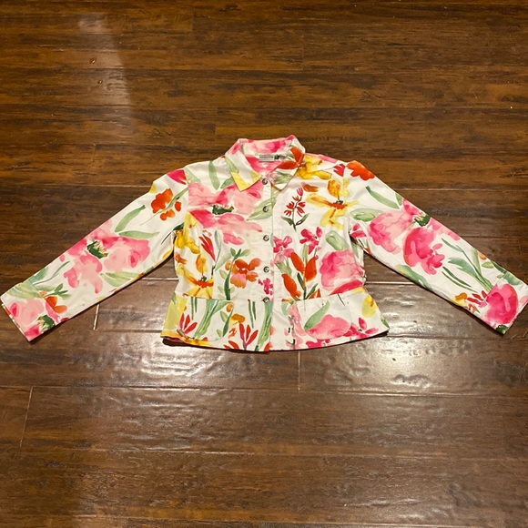 Chico's White Cotton Stretch Collared Blazer w/ Watercolor Floral Print Size 0 - Picture 4 of 13